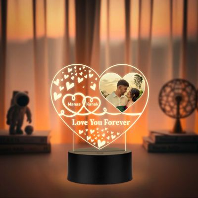 Personalized Heart Photo 3D LED Night Light | Custom Name & Picture Lamp with Love You Forever, Anniversary & Birthday Gift for Husband & Wife, Girlfriend Boyfriend (Warm White Light)